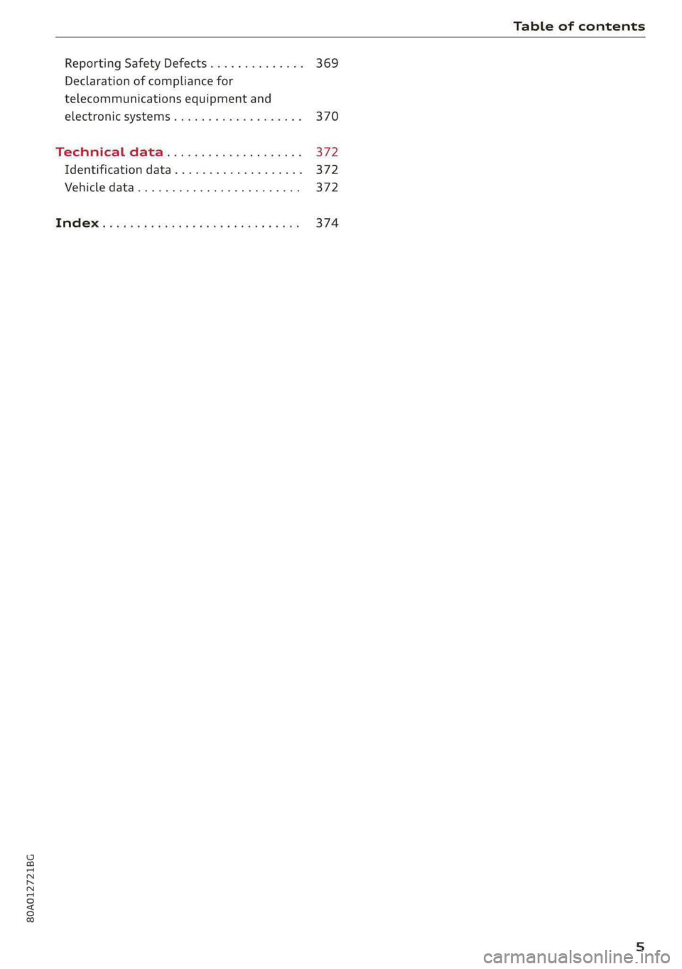AUDI Q5 2019 Owners Manual 80A012721BG
Tableofcontents
ReportingSafetyDefects..............369
Declarationofcompliancefor
telecommunicationsequipmentand
electronic-systems«wwecececeeewaco370
Technicaldata................0005 AUDI Q5 2019 Owners Manual 80A012721BG
Tableofcontents
ReportingSafetyDefects..............369
Declarationofcompliancefor
telecommunicationsequipmentand
electronic-systems«wwecececeeewaco370
Technicaldata................0005