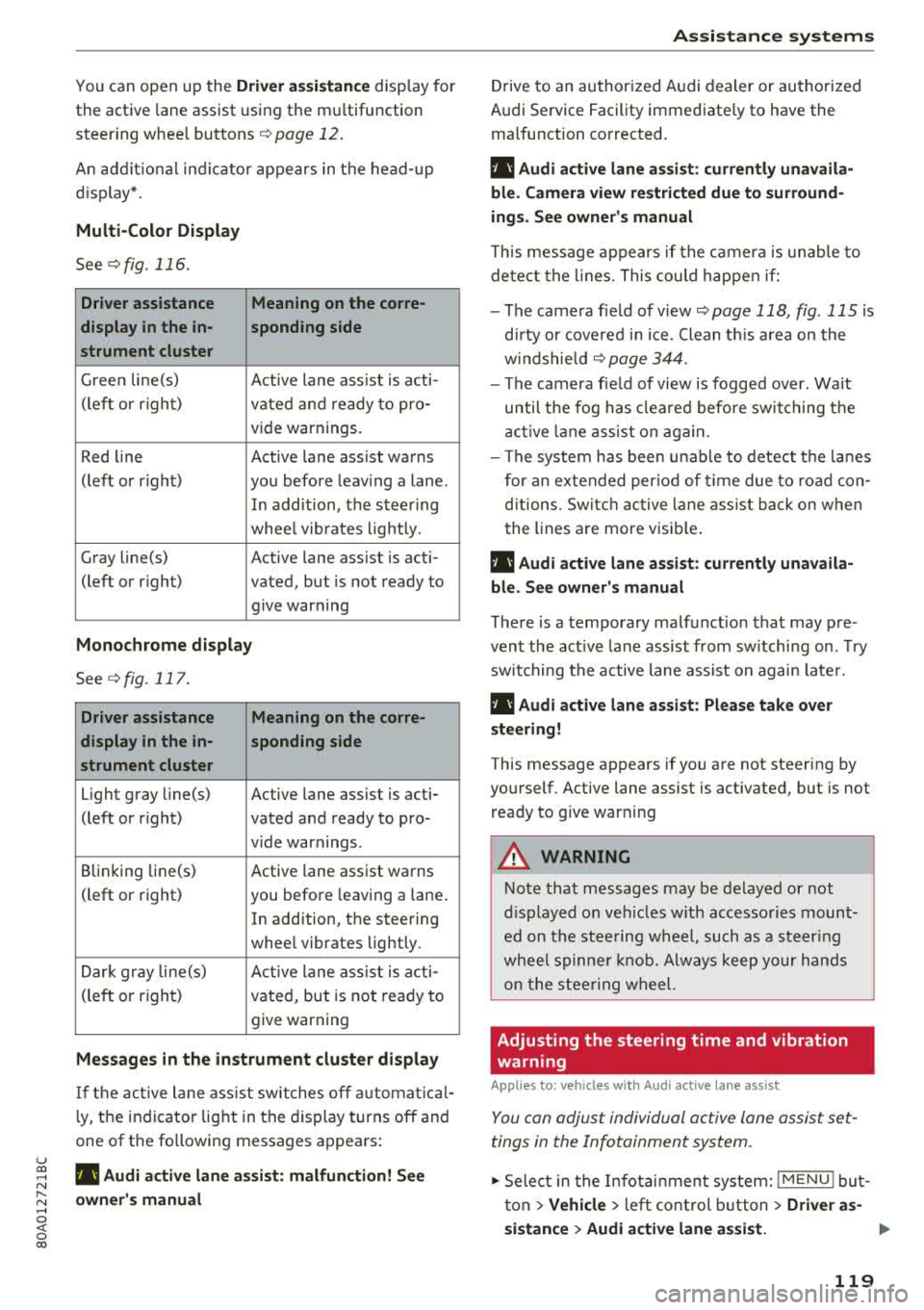 AUDI Q5 2018 Owners Manual u co ..... N ,..._
N ..... 0 <( 0 00
You can open up the Driver assistance disp lay for
the active lane assist using the m ultifunction
steer ing whee l buttons
¢ page 12 .
An addit i AUDI Q5 2018 Owners Manual u co ..... N ,..._
N ..... 0 <( 0 00
You can open up the Driver assistance disp lay for
the active lane assist using the m ultifunction
steer ing whee l buttons
¢ page 12 .
An addit i