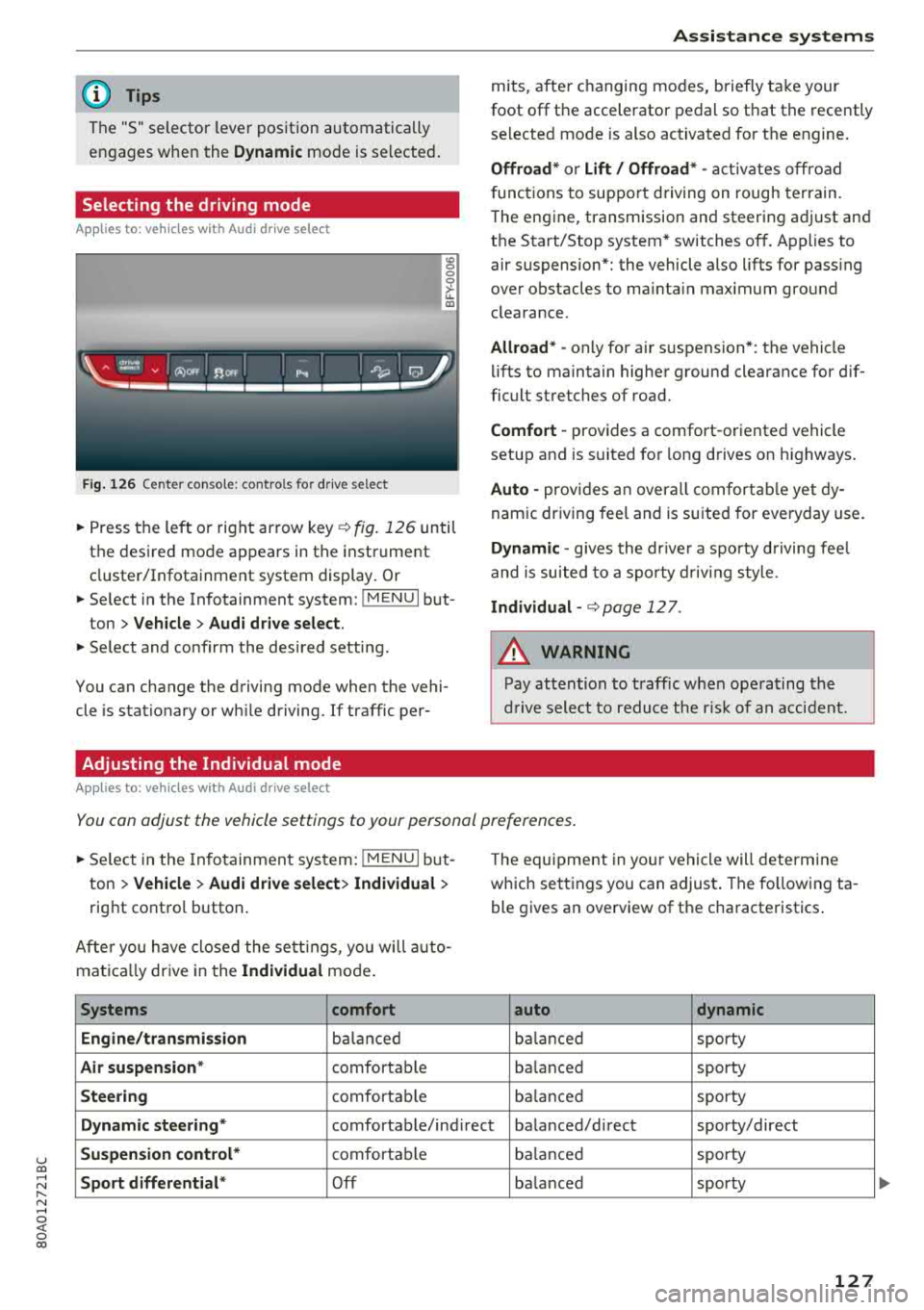 AUDI Q5 2018 Owners Manual u co ..... N r--N ..... 0 <( 0 00
(D Tips
The "S" selector lever position automatically
engages when the
Dynamic mode is se lected .
Selecting the driving mode
Applies to: ve hicl AUDI Q5 2018 Owners Manual u co ..... N r--N ..... 0 <( 0 00
(D Tips
The "S" selector lever position automatically
engages when the
Dynamic mode is se lected .
Selecting the driving mode
Applies to: ve hicl