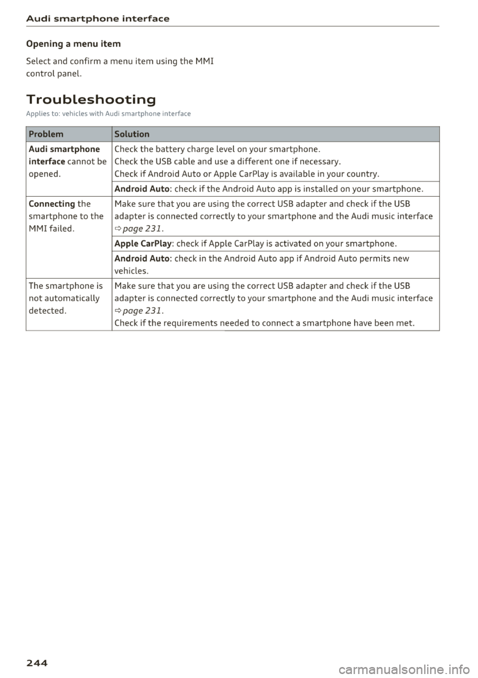 AUDI Q5 2018 Owners Manual Audi smartphone interface
Opening a menu item
Select and confirm a menu item using the MMI
control panel.
Troubleshooting
Applies to: vehicles with Audi smartphone interface
Proble AUDI Q5 2018 Owners Manual Audi smartphone interface
Opening a menu item
Select and confirm a menu item using the MMI
control panel.
Troubleshooting
Applies to: vehicles with Audi smartphone interface
Proble