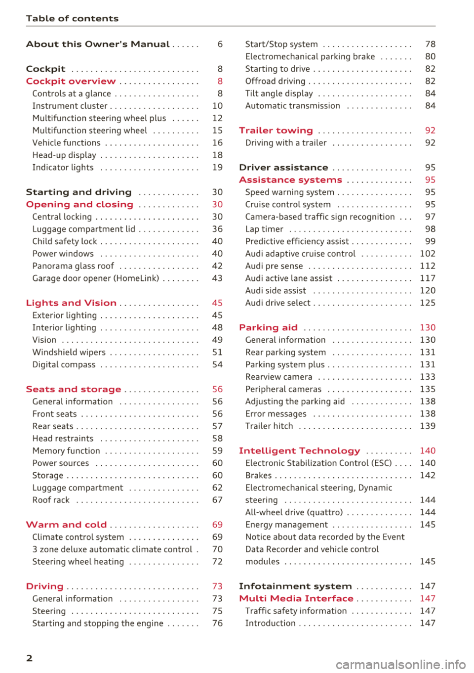 AUDI Q5 2018  Owners Manual Table of  contents 
About  this  Owners  Manual.  . .  . . . 
6 
Cockpit  . . .  . .  . . . . . . . . . . . . . . .  . . . .  . .  . 8 
Cockpit  overview  . .  . . . . .  . . .  . .  . .  . . . 8 
Co