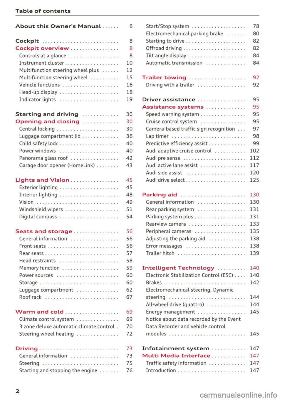 AUDI Q5 2018 Owners Manual Table of contents
About this Owners Manual. . . . . .
6
Cockpit . . . . . . . . . . . . . . . . . . . . . . . . . . . 8
Cockpit overview . . . . . . . . . . . . . . . . . 8
Co AUDI Q5 2018 Owners Manual Table of contents
About this Owners Manual. . . . . .
6
Cockpit . . . . . . . . . . . . . . . . . . . . . . . . . . . 8
Cockpit overview . . . . . . . . . . . . . . . . . 8
Co