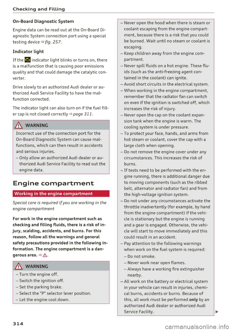 AUDI Q5 2018 Owners Manual Check ing and F illing
On -Board Diagnostic S yst em
Eng ine data can be read out at the On-Board D i
agnostic System connection po rt using a special
testing device
¢ fig. AUDI Q5 2018 Owners Manual Check ing and F illing
On -Board Diagnostic S yst em
Eng ine data can be read out at the On-Board D i
agnostic System connection po rt using a special
testing device
¢ fig.
