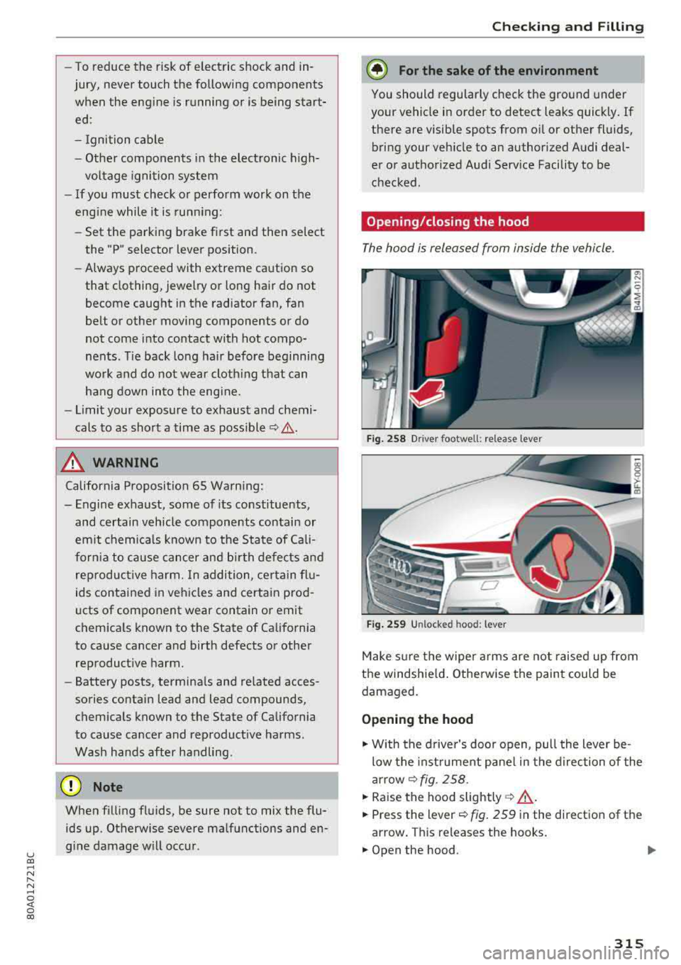 AUDI Q5 2018 Owners Manual u co ..... N r-N .....
~ 0 co
-To reduce the risk of electric shock and in
jury, never touch the following components
when the engine is running or is being start
ed :
- Igniti AUDI Q5 2018 Owners Manual u co ..... N r-N .....
~ 0 co
-To reduce the risk of electric shock and in
jury, never touch the following components
when the engine is running or is being start
ed :
- Igniti