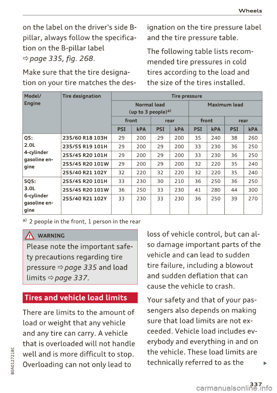AUDI Q5 2018 Owners Manual u co .... N r--N .... 0 <( 0 00
on the label on the drivers side B
pillar, always follow the specifica
tion on the B-pillar label
c:::> page 335, fig. 268.
Make sure that the tire AUDI Q5 2018 Owners Manual u co .... N r--N .... 0 <( 0 00
on the label on the drivers side B
pillar, always follow the specifica
tion on the B-pillar label
c:::> page 335, fig. 268.
Make sure that the tire