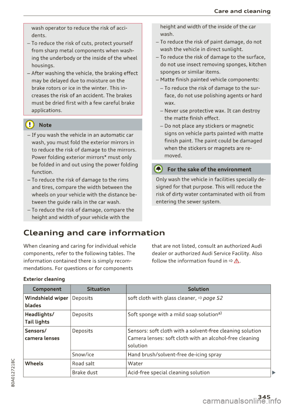 AUDI Q5 2018 Service Manual u co ..... N r--N ..... 0 <( 0 00
wash operator to reduce the risk of acci
dents.
- To reduce the risk of cuts, protect yourself
from sharp metal components when wash ing the u AUDI Q5 2018 Service Manual u co ..... N r--N ..... 0 <( 0 00
wash operator to reduce the risk of acci
dents.
- To reduce the risk of cuts, protect yourself
from sharp metal components when wash ing the u