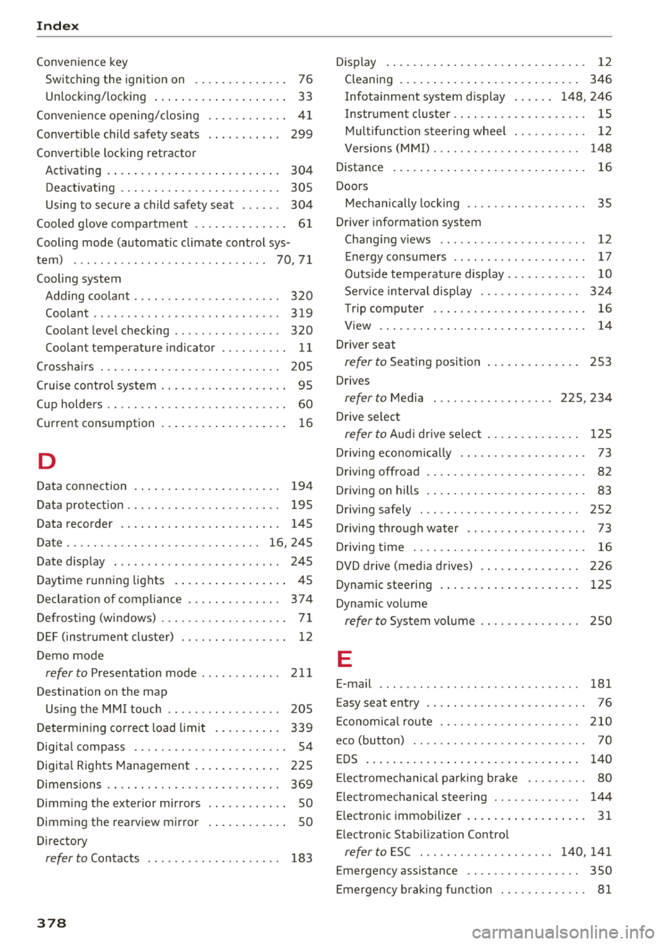 AUDI Q5 2018 Owners Manual Index
Convenience key
Switching the ignition on . . . . . . . . . . . . . . 76
Unlock ing/ locking . . . . . . . . . . . . . . . . . . . . 33
Conven ience opening/closi ng . . . AUDI Q5 2018 Owners Manual Index
Convenience key
Switching the ignition on . . . . . . . . . . . . . . 76
Unlock ing/ locking . . . . . . . . . . . . . . . . . . . . 33
Conven ience opening/closi ng . . .