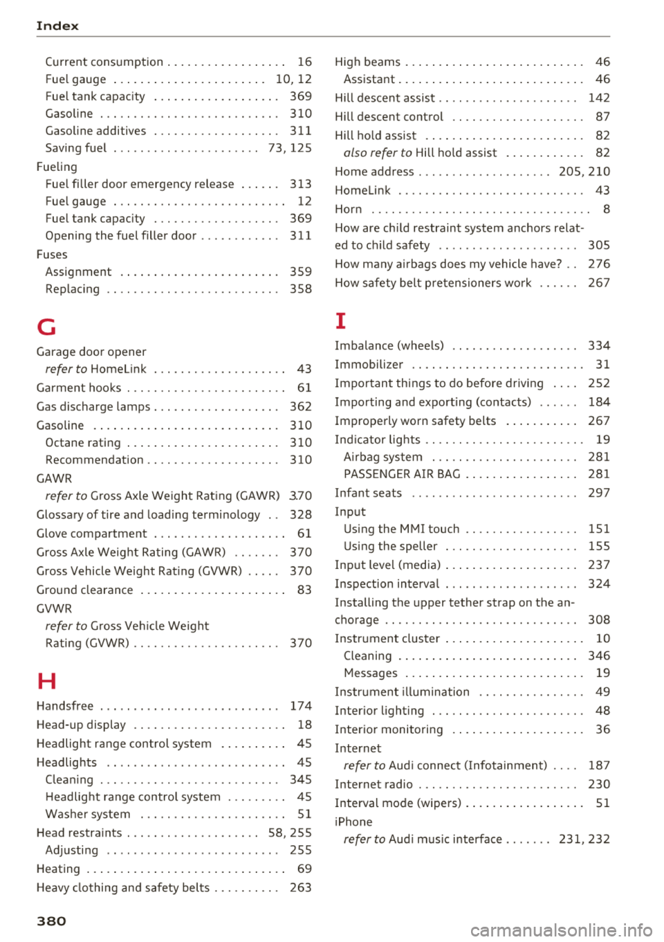 AUDI Q5 2018 Owners Manual Index
Current consumption . . . . . . . . . . . . . . . . . . 16
F ue l gauge . . . . . . . . . . . . . . . . . . . . . . . 10 12
,
Fuel tank capacity . . . . . . . . . . . . . . . AUDI Q5 2018 Owners Manual Index
Current consumption . . . . . . . . . . . . . . . . . . 16
F ue l gauge . . . . . . . . . . . . . . . . . . . . . . . 10 12
,
Fuel tank capacity . . . . . . . . . . . . . . .