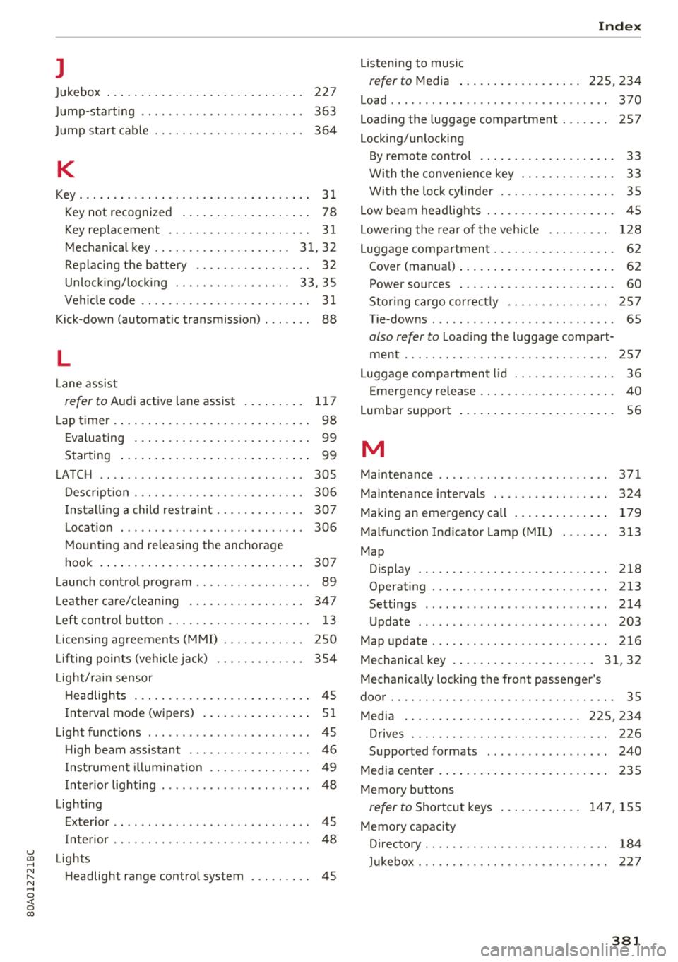 AUDI Q5 2018 Service Manual u co ..... N r--N ..... 0 <( 0 00
J
Jukebox . . . . . . . . . . . . . . . . . . . . . . . . . . . . . 227
Jump-starting . . . . . . . . . . . . . . . . . . . . . . . . 363
Jump st AUDI Q5 2018 Service Manual u co ..... N r--N ..... 0 <( 0 00
J
Jukebox . . . . . . . . . . . . . . . . . . . . . . . . . . . . . 227
Jump-starting . . . . . . . . . . . . . . . . . . . . . . . . 363
Jump st