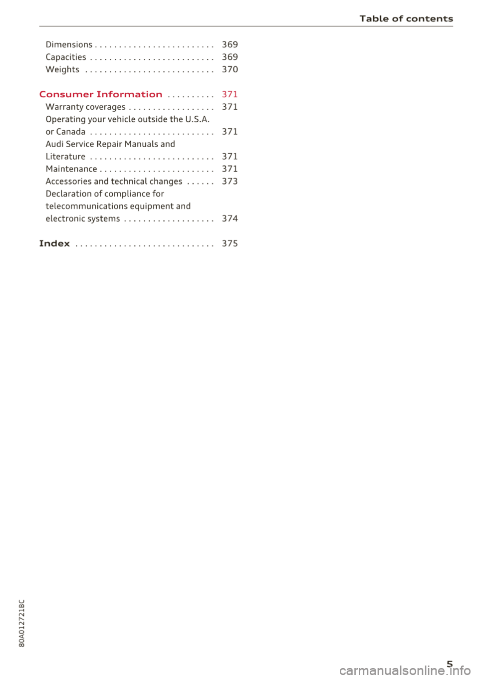 AUDI Q5 2018  Owners Manual u co .... N r--­N .... 0 <( 0 00 
Dimensions . . .  . . .  . .  . . . . .  . . .  . .  . .  . . . .  .  369 
Capacities  . . . .  . . .  . .  . . . . .  . . .  . .  . .  . . . .  .  369 
We ights  . 
