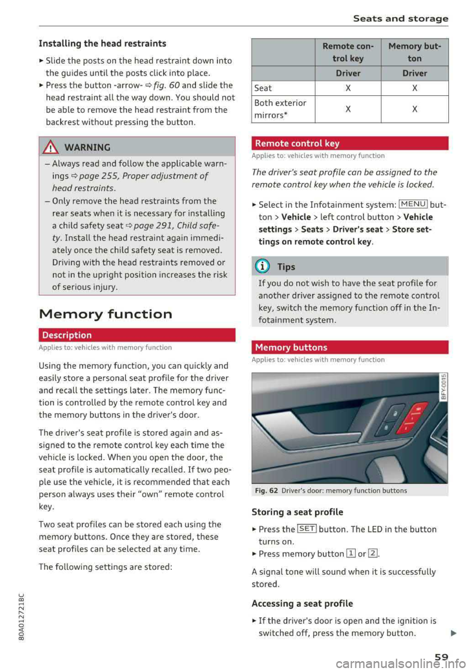 AUDI Q5 2018 Repair Manual u co ..... N r-­N ..... 
~ 0 co 
Installing  the  head  restraints 
.,. Slide  the  posts  on  the  head  restraint  dow n into 
the  gu ides  unt il the  posts  click into  place . 
... Press  the  