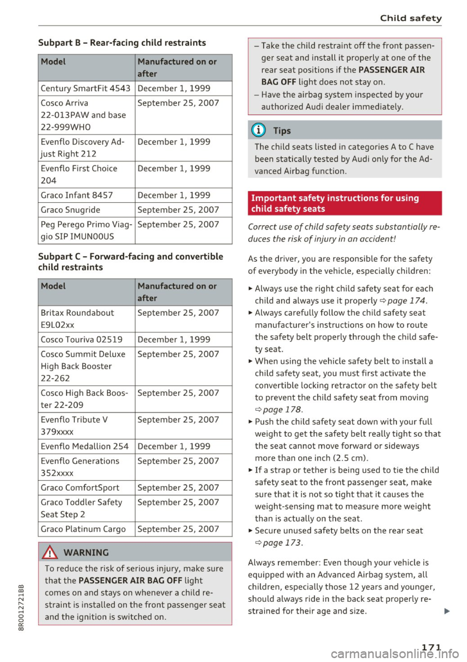 AUDI Q5 2017  Owners Manual CD 
CD 
.... N ,-... N ..... 0 0 C<. 00 
Subpart  B - Rear-facing child restraints 
Model  Manufactured on or 
after 
Century  SmartFit 4543  December  1,  1999 
Cosco  Arriva  September 25,  2007 
2