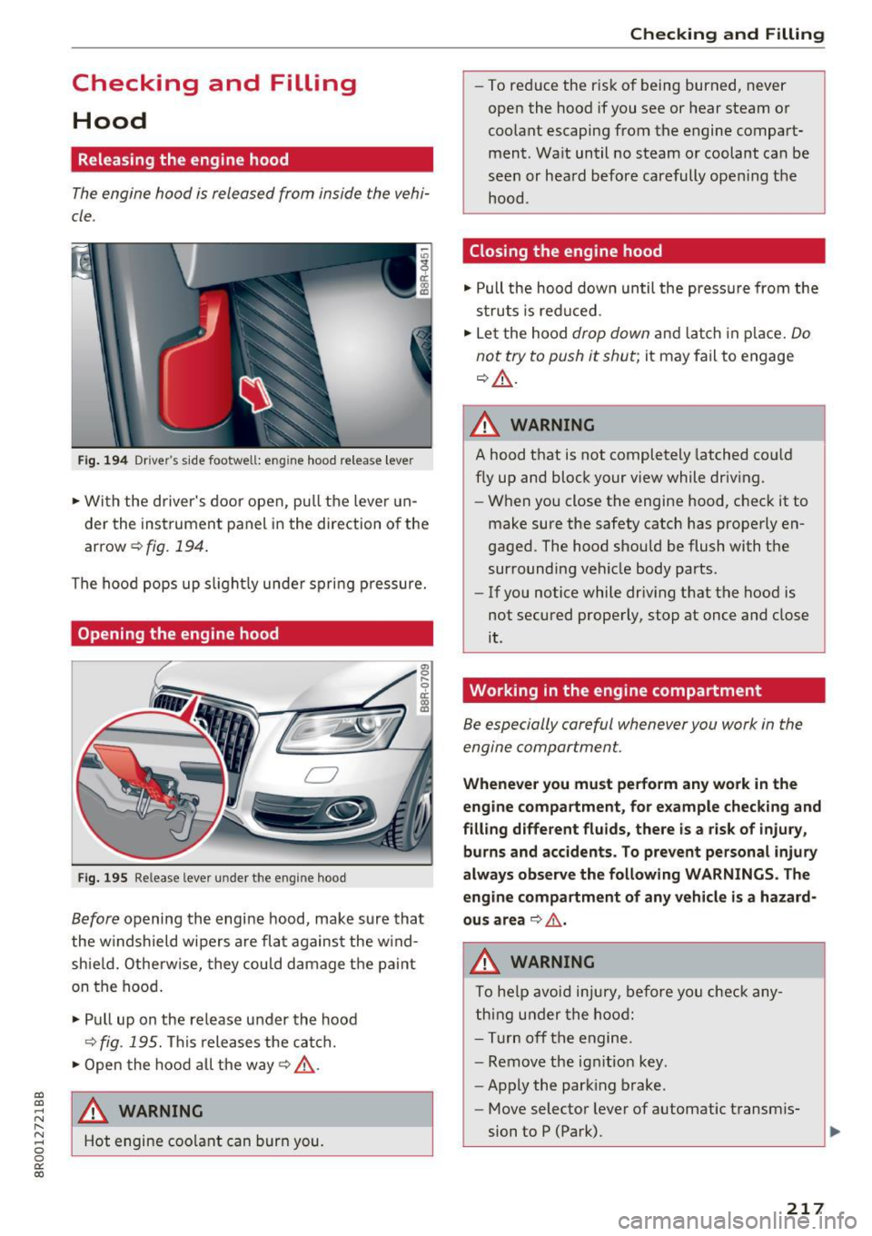 AUDI Q5 2017 User Guide Checking and Filling Hood
Releasing the engine hood
The engine hood is released from inside the vehi
cle .
Fig. 194 Drive rs side footwell: e ng ine hood re lease lever
" Wi AUDI Q5 2017 User Guide Checking and Filling Hood
Releasing the engine hood
The engine hood is released from inside the vehi
cle .
Fig. 194 Drive rs side footwell: e ng ine hood re lease lever
" Wi