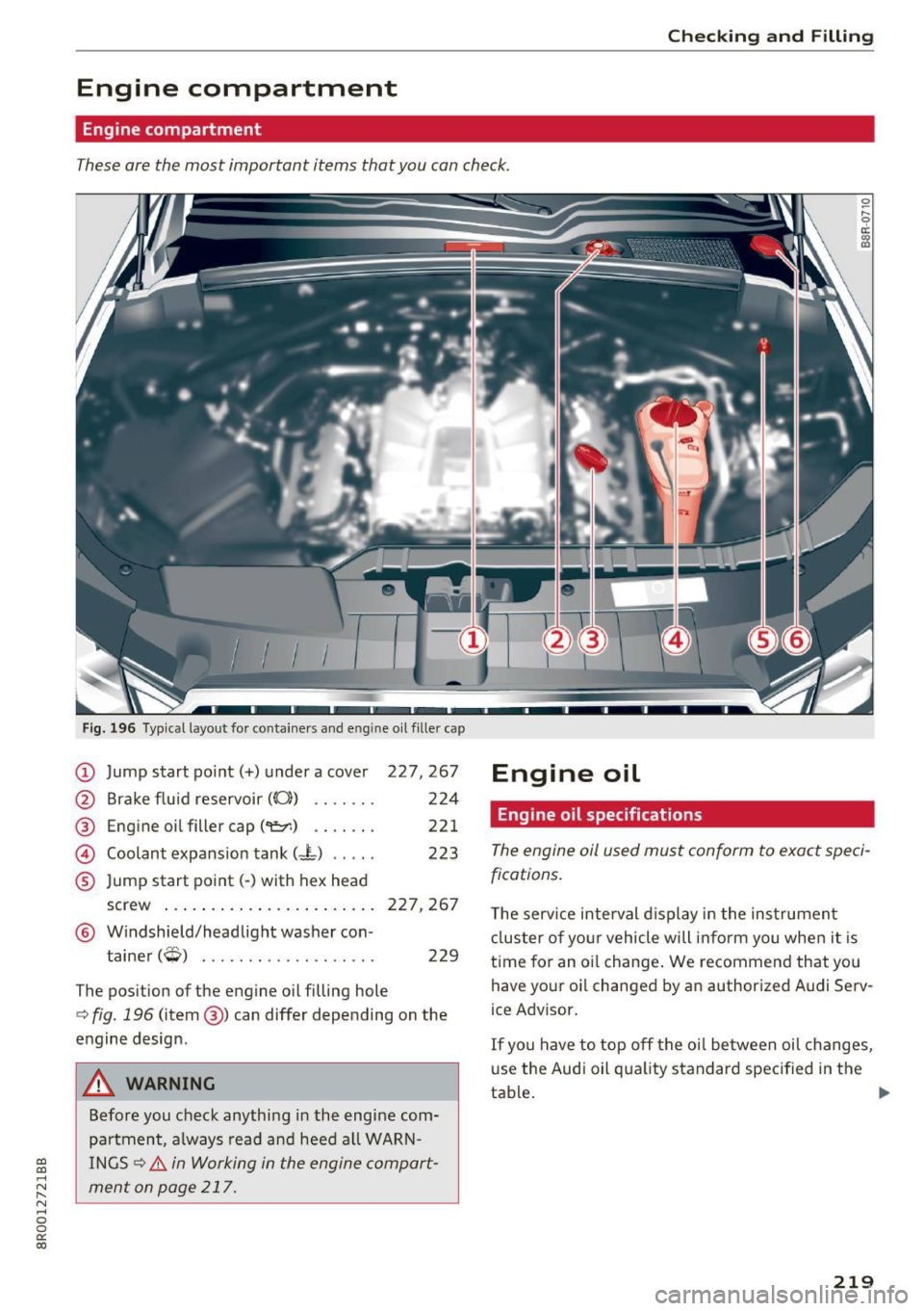 AUDI Q5 2017 User Guide a,
a,
..... N r-N ..... 0 0
0:
co
Checking and Filling
Engine compartment
Engine compartment
These are the most important items that you can check.
Fig. 196 Typical layout for conta AUDI Q5 2017 User Guide a,
a,
..... N r-N ..... 0 0
0:
co
Checking and Filling
Engine compartment
Engine compartment
These are the most important items that you can check.
Fig. 196 Typical layout for conta