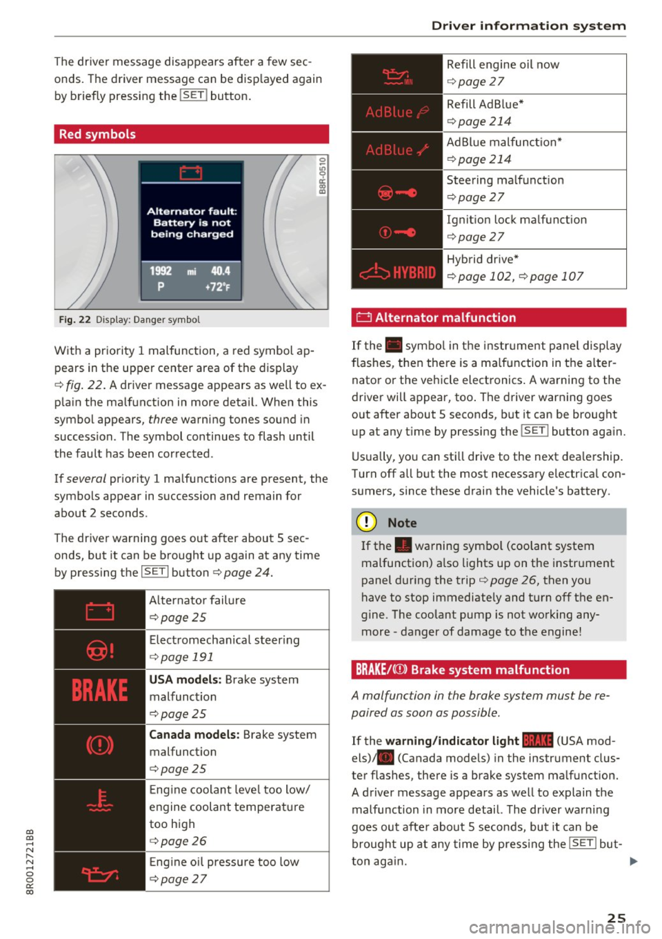 AUDI Q5 2017 Owners Manual CD
CD
.... N ,-... N ..... 0 0 c:<: 00
The driver message disappears after a few sec
onds. The driver message can be disp layed again
by briefly pressing the
! SE T! button .
Red sym AUDI Q5 2017 Owners Manual CD
CD
.... N ,-... N ..... 0 0 c:<: 00
The driver message disappears after a few sec
onds. The driver message can be disp layed again
by briefly pressing the
! SE T! button .
Red sym
