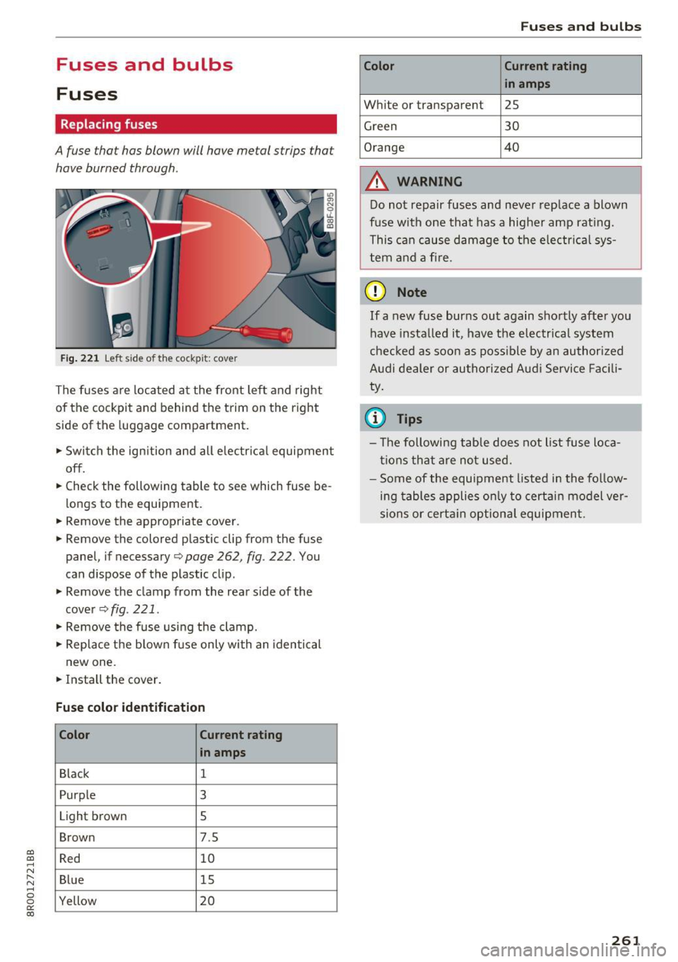 AUDI Q5 2017 Owners Manual a,
a,
..... N r-N ..... 0 0
0:
co
Fuses and bulbs
Fuses
Replacing fuses
A fuse that has blown will have metal strips that
have burned through .
Fig. 221 Left side of the cockp AUDI Q5 2017 Owners Manual a,
a,
..... N r-N ..... 0 0
0:
co
Fuses and bulbs
Fuses
Replacing fuses
A fuse that has blown will have metal strips that
have burned through .
Fig. 221 Left side of the cockp