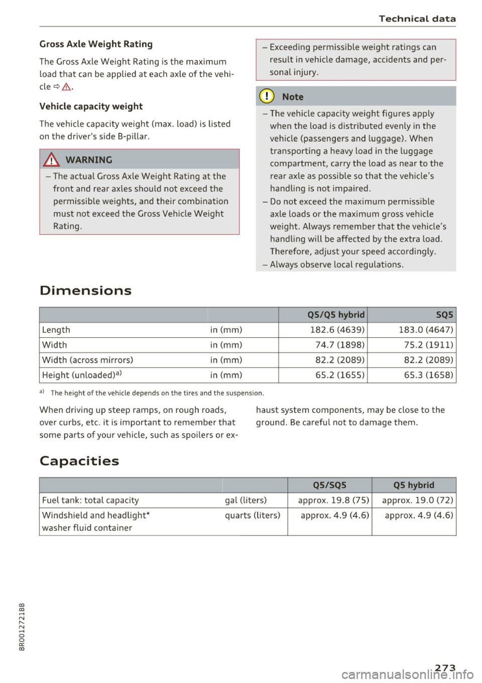 AUDI Q5 2017 Owners Manual CD
CD
.... N ,-... N ..... 0 0 C<. 00
Gross Axle Weight Rating
The G ross Axle We igh t Rating is the max imum
l oad that can be applied at each axle of the vehi
cle ~.& .
Vehicle AUDI Q5 2017 Owners Manual CD
CD
.... N ,-... N ..... 0 0 C<. 00
Gross Axle Weight Rating
The G ross Axle We igh t Rating is the max imum
l oad that can be applied at each axle of the vehi
cle ~.& .
Vehicle