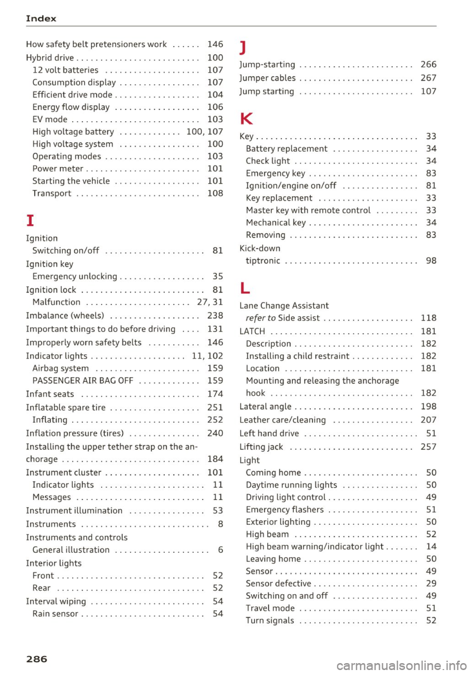 AUDI Q5 2017 Owners Manual Index
How safety belt pretensioners work ..... .
Hybrid drive .. .. .. ................ ... .
12 volt batteries .. ........... .... .. . 146
100
107
Consumption display . . . . . . . AUDI Q5 2017 Owners Manual Index
How safety belt pretensioners work ..... .
Hybrid drive .. .. .. ................ ... .
12 volt batteries .. ........... .... .. . 146
100
107
Consumption display . . . . . . .