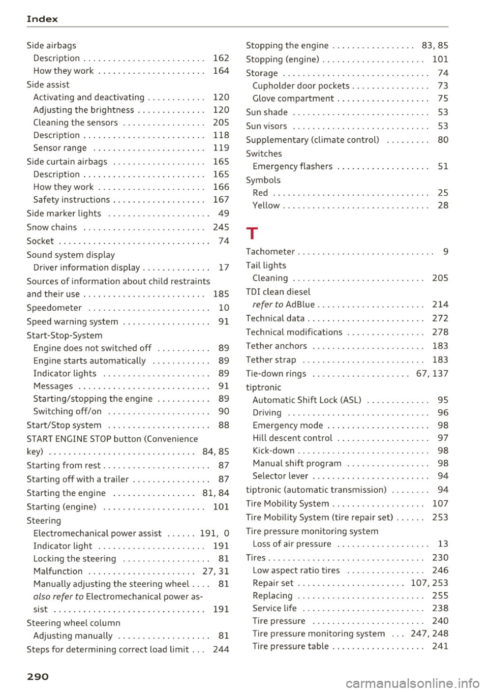 AUDI Q5 2017 Owners Manual Index
Side airbags Description . . . . . . . . . . . . . . . . . . . . . . . . . 162
How they work . . . . . . . . . . . . . . . . . . . . . . 164
Side assist Activating and AUDI Q5 2017 Owners Manual Index
Side airbags Description . . . . . . . . . . . . . . . . . . . . . . . . . 162
How they work . . . . . . . . . . . . . . . . . . . . . . 164
Side assist Activating and