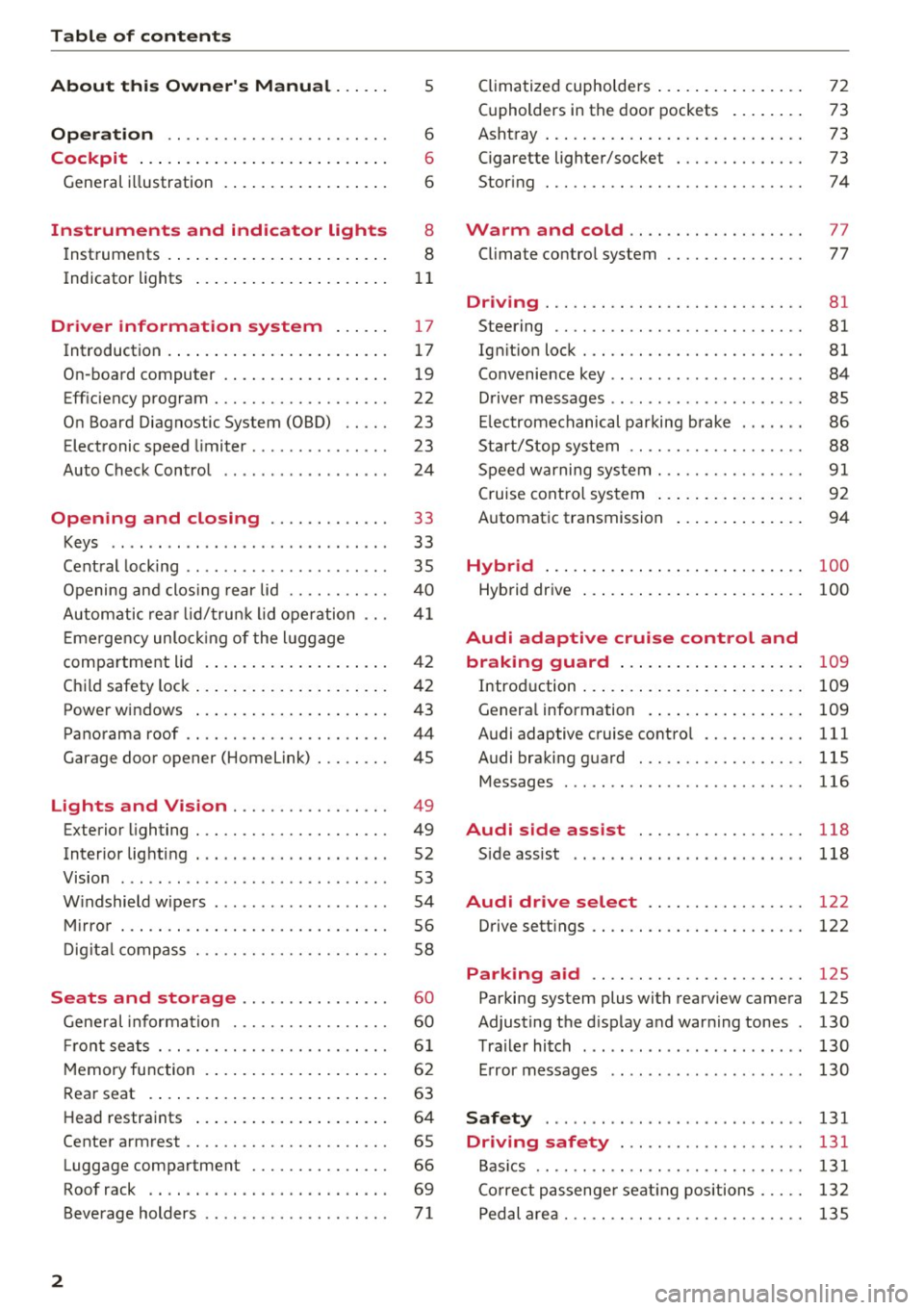 AUDI Q5 2017  Owners Manual Table  of  contents 
About  this  Owners  Manual. . .  . . . 
5 
Operation  . .  . .  . . . . . . . . . . . . .  . . .  . . .  . 6 
Cockpit  . . .  . . . .  . . .  .  . . . . . . . . .  . .  . .  . .