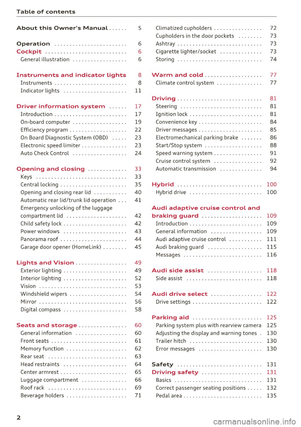 AUDI Q5 2017 Owners Manual Table of contents
About this Owners Manual. . . . . .
5
Operation . . . . . . . . . . . . . . . . . . . . . . . . 6
Cockpit . . . . . . . . . . . . . . . . . . . . . . . . . . AUDI Q5 2017 Owners Manual Table of contents
About this Owners Manual. . . . . .
5
Operation . . . . . . . . . . . . . . . . . . . . . . . . 6
Cockpit . . . . . . . . . . . . . . . . . . . . . . . . . .