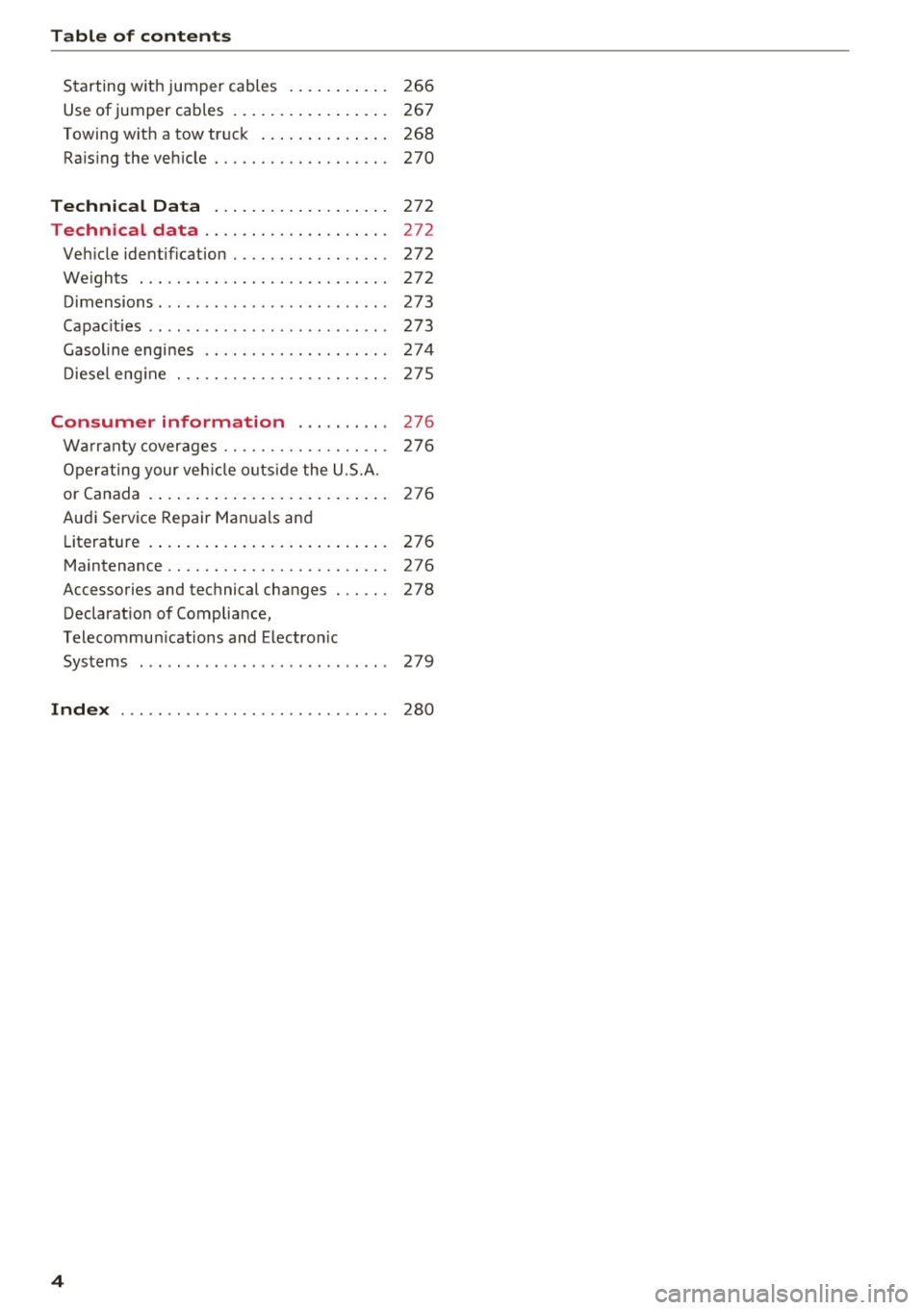 AUDI Q5 2017 Owners Manual Table of content s
Starting with jumper cables . . . . . . . . . . . 266
Use of jumper cables . . . . . . . . . . . . . . . . . 267
Towing with a tow tr uck . . . . . . . . . AUDI Q5 2017 Owners Manual Table of content s
Starting with jumper cables . . . . . . . . . . . 266
Use of jumper cables . . . . . . . . . . . . . . . . . 267
Towing with a tow tr uck . . . . . . . . .