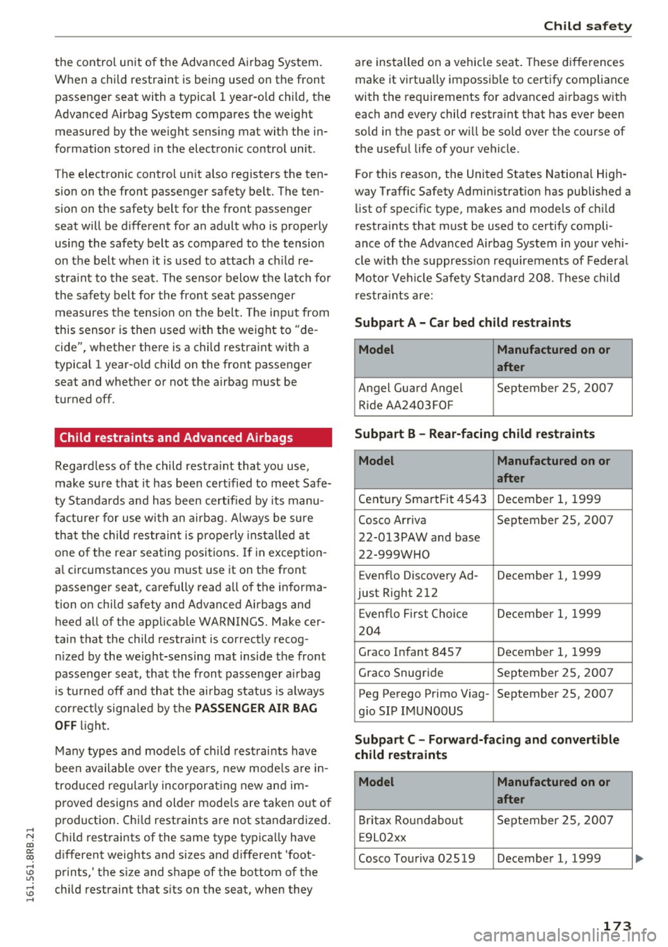 AUDI Q5 2016 Owners Guide ,....,
N
co
er::
co
,...., <J:) Lil ,...., <J:) ,....,
the control unit of the Advanced A irbag System.
When a child restraint is being used on the front
passenger seat with a AUDI Q5 2016 Owners Guide ,....,
N
co
er::
co
,...., <J:) Lil ,...., <J:) ,....,
the control unit of the Advanced A irbag System.
When a child restraint is being used on the front
passenger seat with a