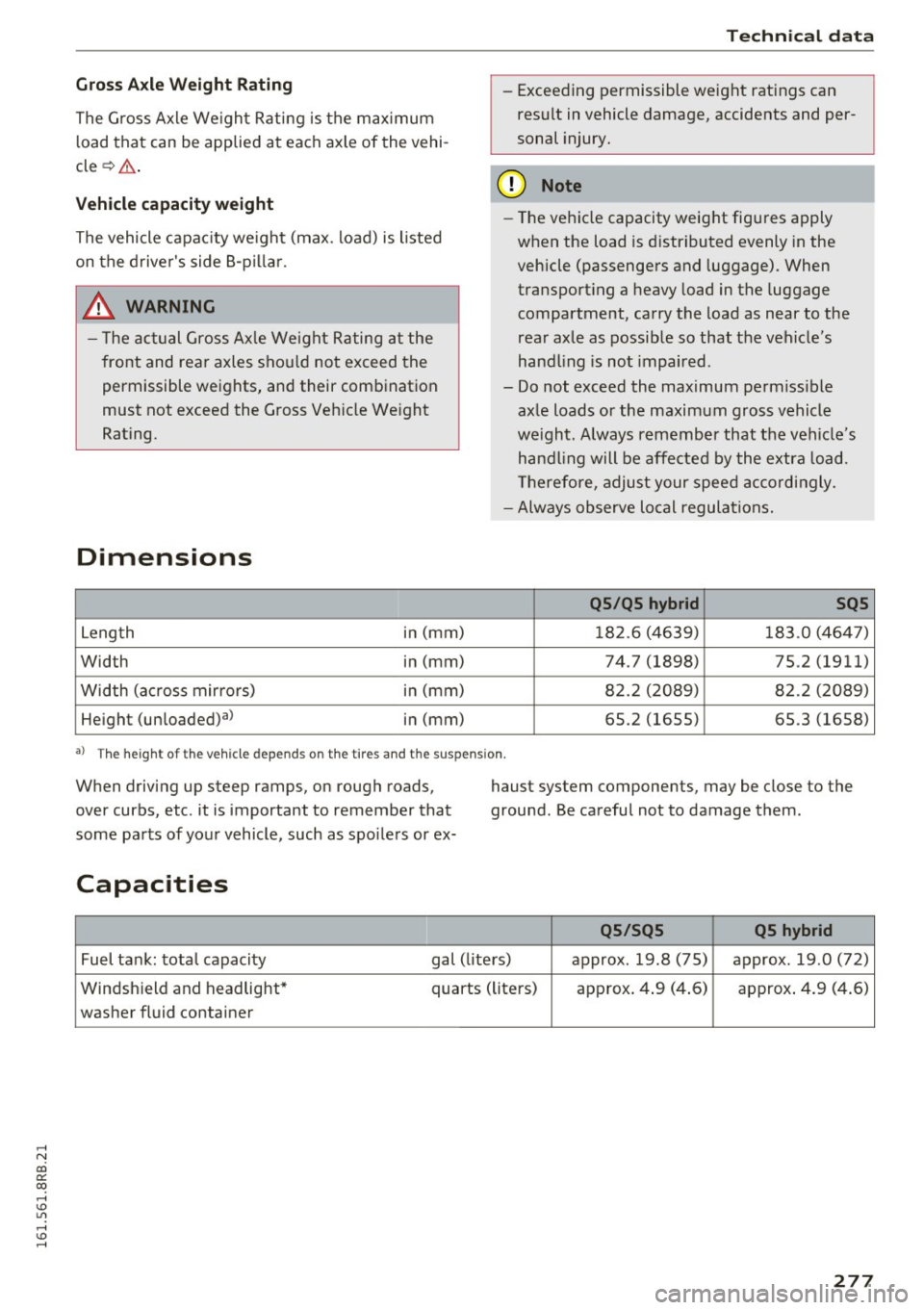 AUDI Q5 2016  Owners Manual ,...., 
N 
co 
er:: 
co 
,...., <J:) Lil ,...., <J:) ,...., 
Gross Axle  Weight  Rating 
The G ross Axle  We igh t Rating  is the  max imum 
l oad that  can be applied  at  each axle of  the  vehi ­
