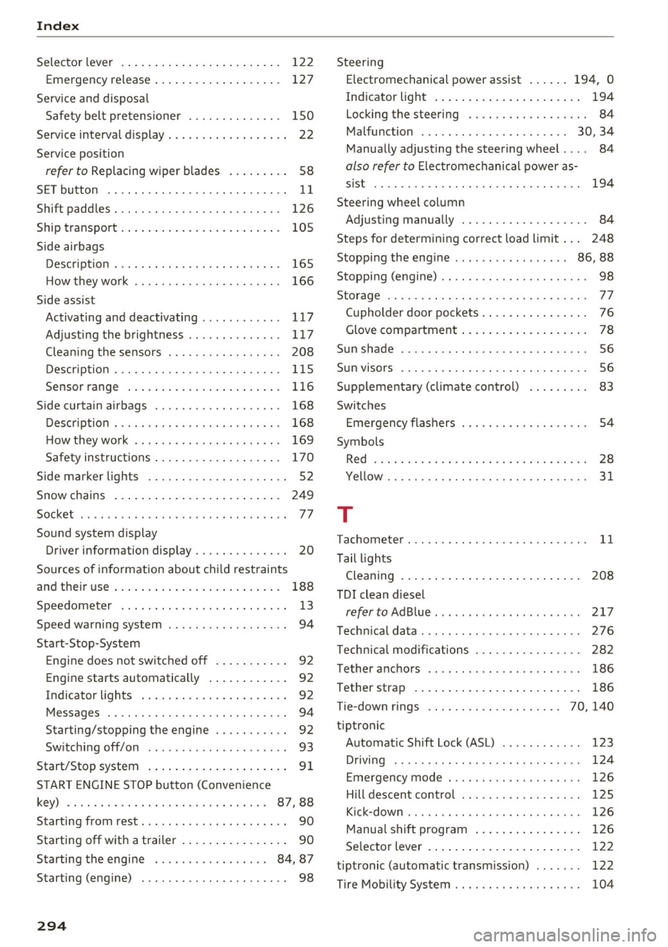 AUDI Q5 2016  Owners Manual Index 
Selector lever 122 
Emergency  release  . .  .  . . .  . .  .  . . .  . .  . .  . .  . 127 
Service  and  disposal 
Safety  belt  pretensioner  .  . . .  .  . .  . .  . .  . .  .  lSO 
Service 