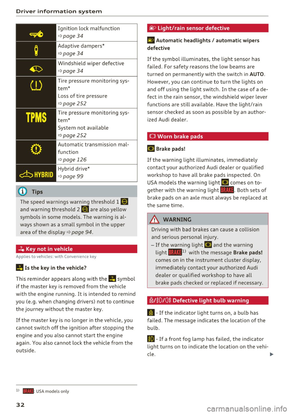 AUDI Q5 2016  Owners Manual Driver information  system 
Ignition  lock malfunction 
<=>page 34 
Adaptive  dampers* 
c:> page  34 
Windshield  wiper  defective 
c:>page34 
Tire pressure  monitoring  sys­
tem*  Loss of  tire  pre