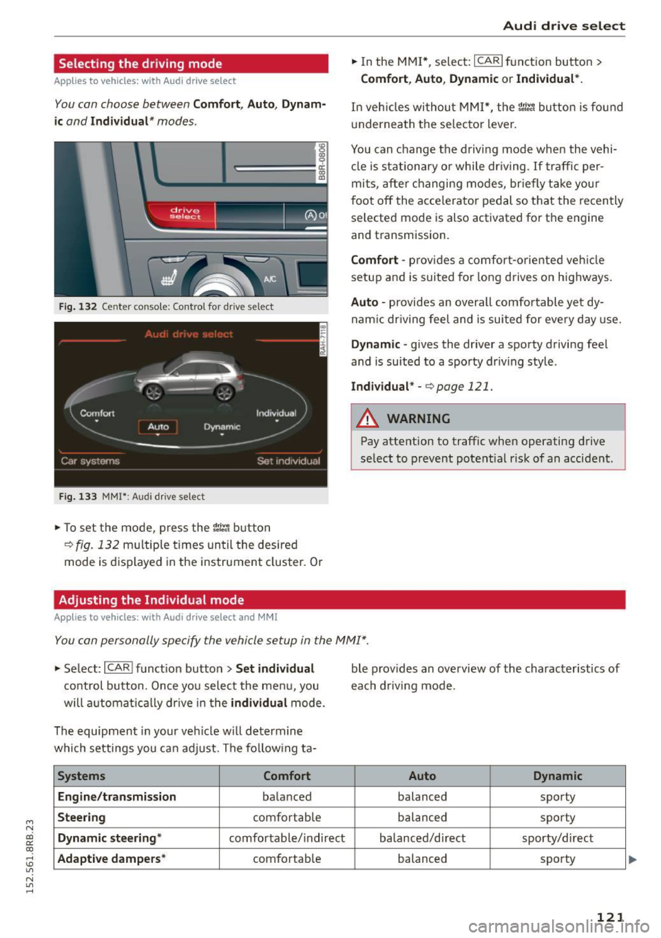 AUDI Q5 2015 Owners Manual M N
co ~ co
rl I.O
" N
" rl
Selecting the driving mode
Applies to vehicles: with Audi drive select
You con choose between Comfort, Auto, Dynam
ic
and Individual* modes .
«>
AUDI Q5 2015 Owners Manual M N
co ~ co
rl I.O
" N
" rl
Selecting the driving mode
Applies to vehicles: with Audi drive select
You con choose between Comfort, Auto, Dynam
ic
and Individual* modes .
«>