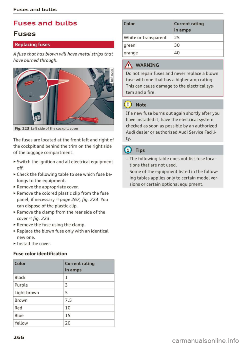 AUDI Q5 2015 Owners Manual Fuses and bulbs
Fuses and bulbs
Fuses
Replacing fuses
A fuse that has blown will have me tal strips that
have burned through.
Fig. 2 23 Left side of the coc kp it: c ove r
The AUDI Q5 2015 Owners Manual Fuses and bulbs
Fuses and bulbs
Fuses
Replacing fuses
A fuse that has blown will have me tal strips that
have burned through.
Fig. 2 23 Left side of the coc kp it: c ove r
The