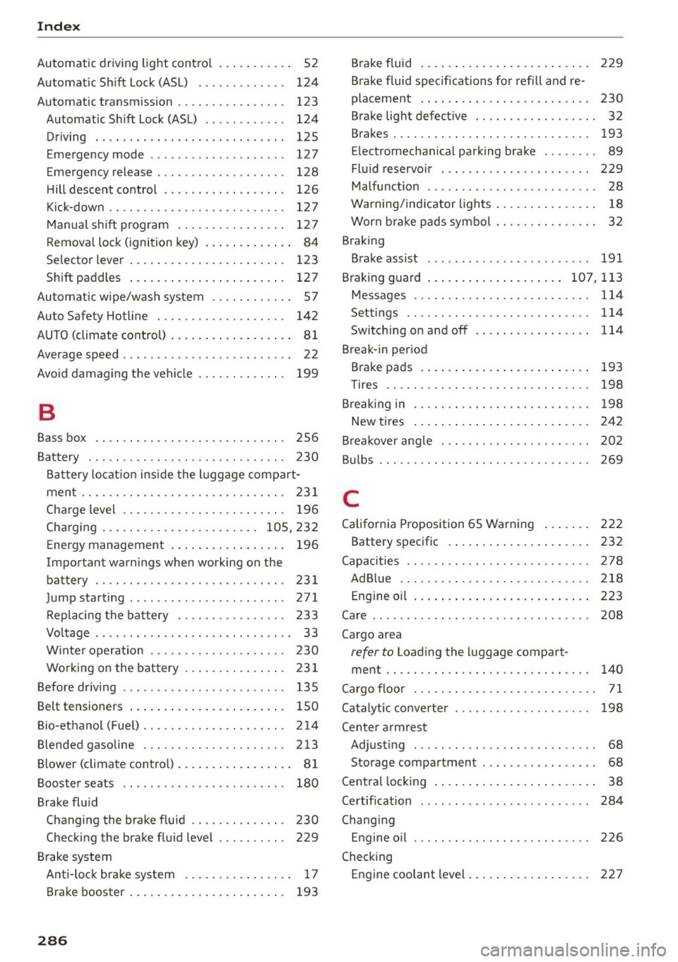 AUDI Q5 2015 Owners Guide Index
Automatic driv ing light contro l . . . . . . . . . . . 52
Automatic Sh ift Lock (ASL) . . . . . . . . . . . . . 124
Automatic transmission . . . . . . . . . . . . . . . . AUDI Q5 2015 Owners Guide Index
Automatic driv ing light contro l . . . . . . . . . . . 52
Automatic Sh ift Lock (ASL) . . . . . . . . . . . . . 124
Automatic transmission . . . . . . . . . . . . . . . .