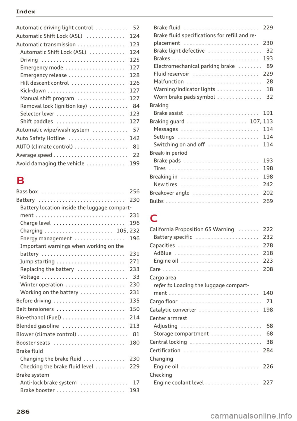 AUDI Q5 2015  Owners Manual Index 
Automatic  driv ing light  contro l  . . .  . . . .  . . . .  52 
Automatic  Sh ift  Lock (ASL)  . . . . . . . . . .  . .  .  124 
Automatic  transmission  . . . . . . .  . .  . .  . .  . .  . 