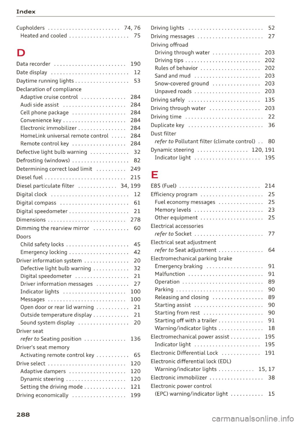 AUDI Q5 2015 Owners Manual Index
(upholders . . . . . . . . . . . . . . . . . . . . . . . . 7 4, 76
Heated and cooled . . . . . . . . . . . . . . . . . . . . 75
D
Data recorder
Date display 190
12
AUDI Q5 2015 Owners Manual Index
(upholders . . . . . . . . . . . . . . . . . . . . . . . . 7 4, 76
Heated and cooled . . . . . . . . . . . . . . . . . . . . 75
D
Data recorder
Date display 190
12