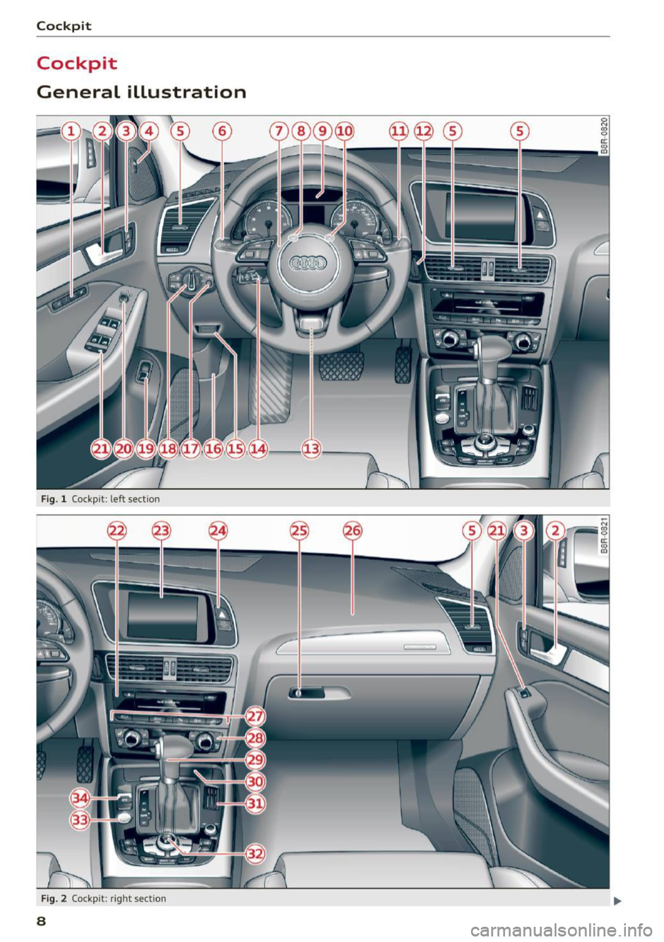 AUDI Q5 2015 Owners Manual Cockpit
Cockpit
General illustration
Fig. 1 Cockpit : left section
F ig. 2 Cockpi t: right sect ion
8 AUDI Q5 2015 Owners Manual Cockpit
Cockpit
General illustration
Fig. 1 Cockpit : left section
F ig. 2 Cockpi t: right sect ion
8