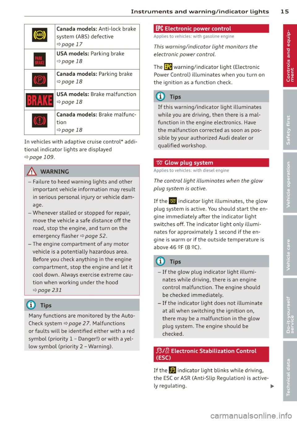AUDI Q5 2014  Owners Manual Instrument s and  warnin g/indic ator  ligh ts 15 
Canada  m od els: Anti-lock  brake 
system  (ABS) defective 
¢ page  17 
USA mode ls: Parking  brake 
¢page  18 
Canada  models : Parking brake 
¢