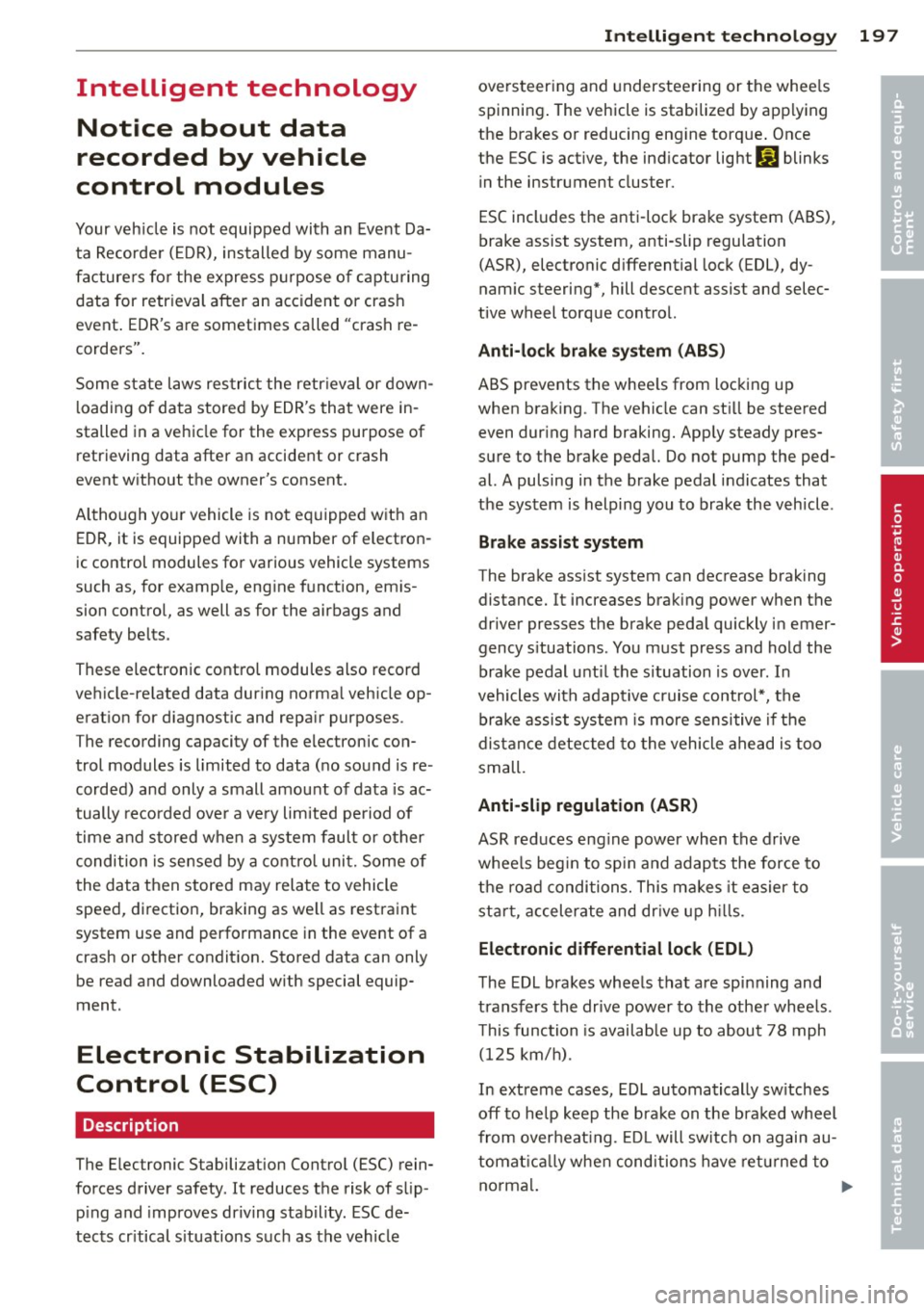 AUDI Q5 2014 Owners Manual Intelligent technology Notice about data
recorded by vehicle
control modules
Your vehicle is not equipped with an Event Da
ta Recorder (EDR), installed by some manu
facturers fo AUDI Q5 2014 Owners Manual Intelligent technology Notice about data
recorded by vehicle
control modules
Your vehicle is not equipped with an Event Da
ta Recorder (EDR), installed by some manu
facturers fo