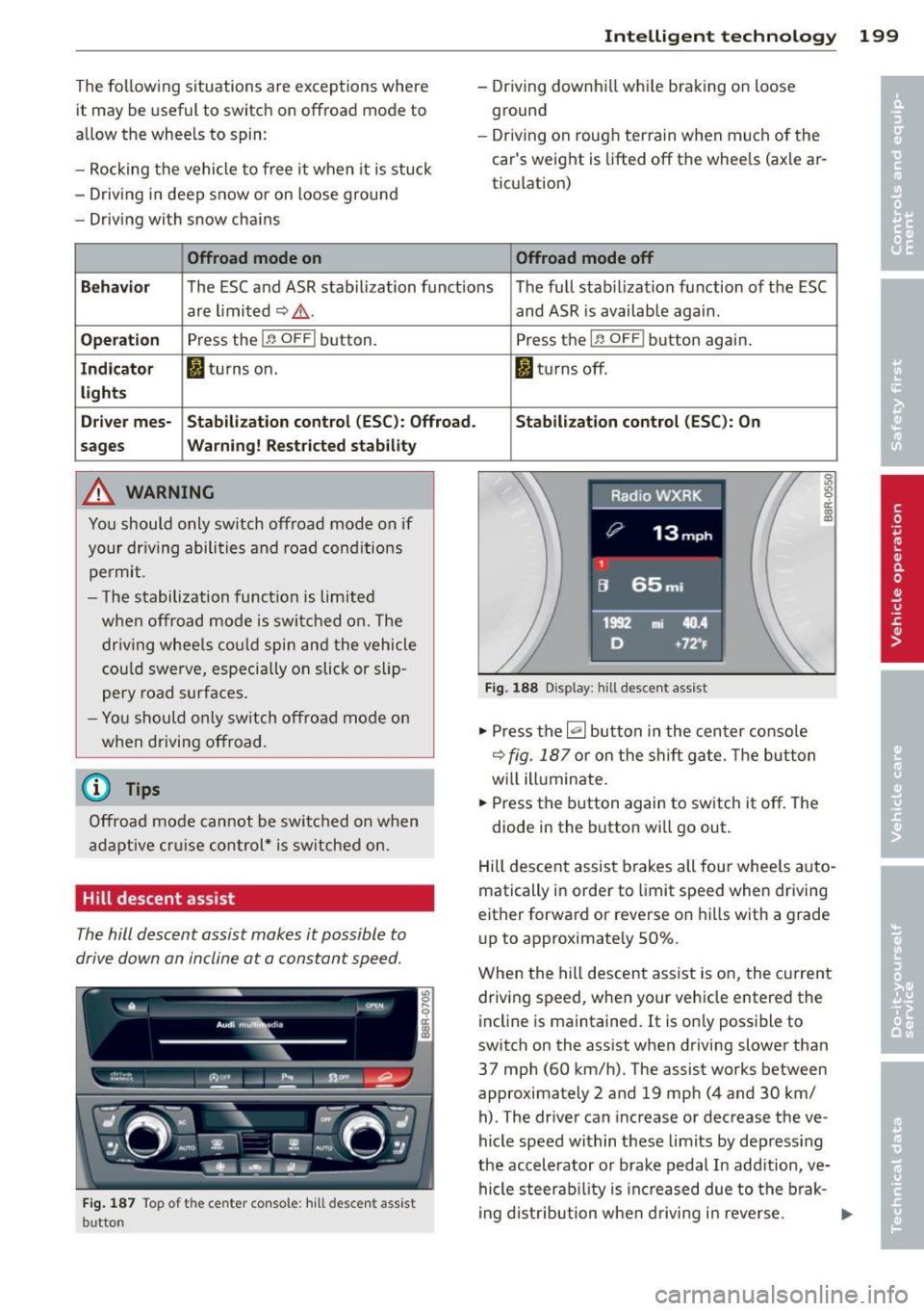 AUDI Q5 2014 Owners Manual The following situations are exceptions where it may be useful to switch on offroad mode to
allow the whee ls to spin :
- Rocking the vehicle to free it when it is stuck
- AUDI Q5 2014 Owners Manual The following situations are exceptions where it may be useful to switch on offroad mode to
allow the whee ls to spin :
- Rocking the vehicle to free it when it is stuck
-