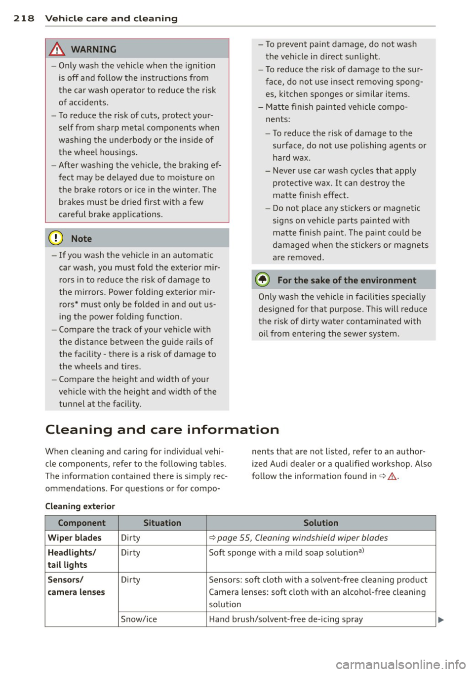 AUDI Q5 2014 Owners Guide 218 Vehicle care and cleaning
A WARNING
- Only wash the vehicle when the ignition
is off and follow the instructions from
the car wash operator to reduce the risk
of accidents . AUDI Q5 2014 Owners Guide 218 Vehicle care and cleaning
A WARNING
- Only wash the vehicle when the ignition
is off and follow the instructions from
the car wash operator to reduce the risk
of accidents .