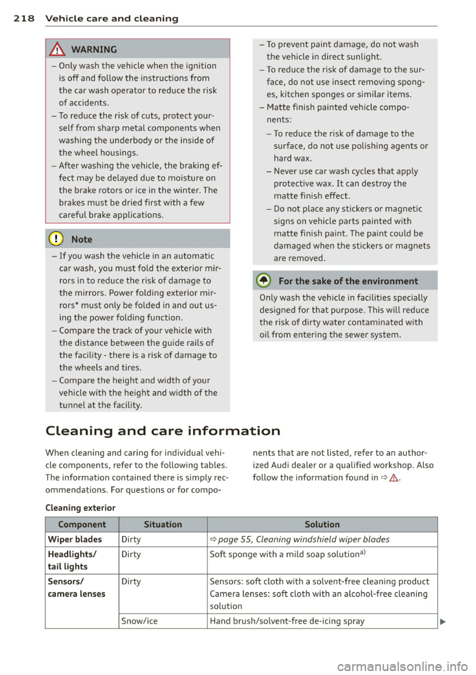 AUDI Q5 2014 Owners Guide 218  Vehicle  care  and  cleaning 
A WARNING 
- Only wash  the  vehicle  when  the  ignition 
is off  and follow  the  instructions  from 
the  car wash operator  to  reduce the  risk 
of  accidents .