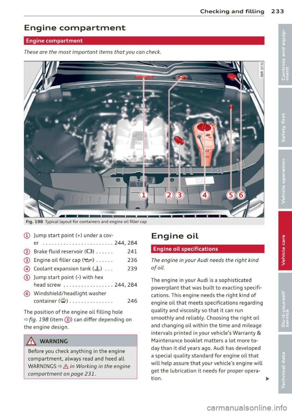 AUDI Q5 2014 Owners Manual Checking and filling 233
Engine compartment
Engine compartment
These are the most important items that you can check.
Fig. 198 Typical layout for contain ers and engine oil filler AUDI Q5 2014 Owners Manual Checking and filling 233
Engine compartment
Engine compartment
These are the most important items that you can check.
Fig. 198 Typical layout for contain ers and engine oil filler