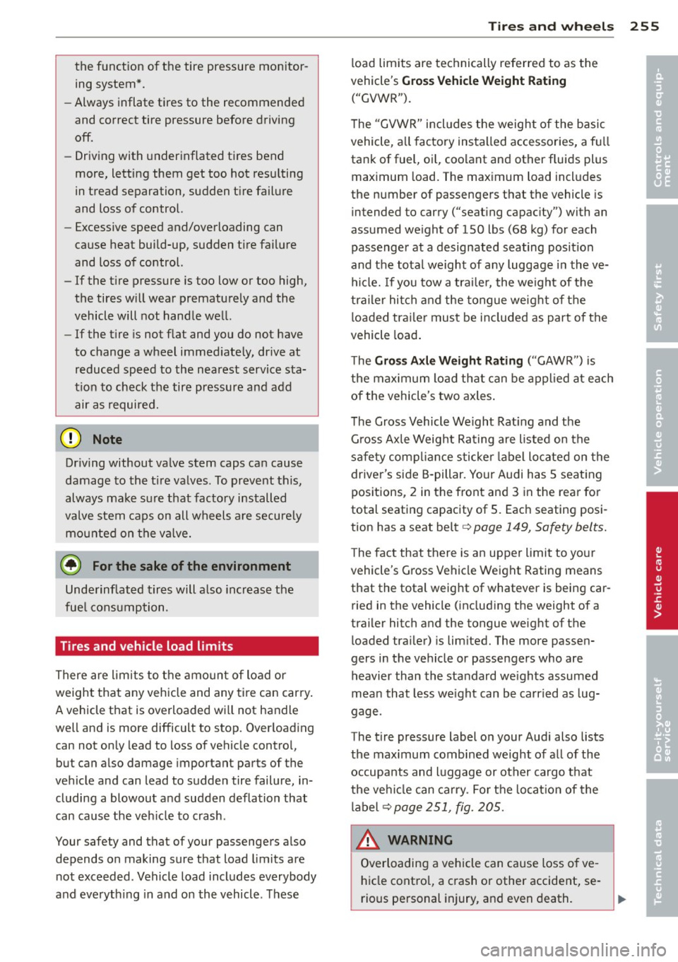 AUDI Q5 2014 Owners Manual th e f unct ion of the tire pressure monitor
ing system*.
- Always inflate tires to the recommended
and correct tire pressure before driving
off.
- Driving with under inflated AUDI Q5 2014 Owners Manual th e f unct ion of the tire pressure monitor
ing system*.
- Always inflate tires to the recommended
and correct tire pressure before driving
off.
- Driving with under inflated