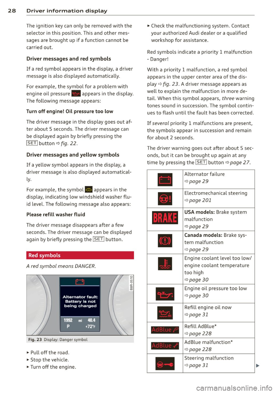 AUDI Q5 2014 Owners Manual 28 Driver information d isplay
The ignition key can on ly be removed with the
selector in this position. This and other mes
sages are brought up if a function cannot be
carried AUDI Q5 2014 Owners Manual 28 Driver information d isplay
The ignition key can on ly be removed with the
selector in this position. This and other mes
sages are brought up if a function cannot be
carried