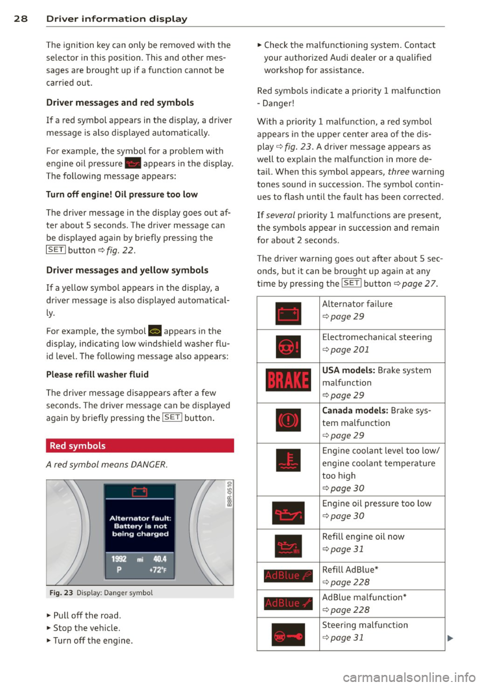 AUDI Q5 2014  Owners Manual 28  Driver  information  d isplay 
The  ignition  key can on ly be removed  with  the 
selector  in this  position.  This and  other  mes­
sages  are  brought  up  if a function  cannot  be 
carried 