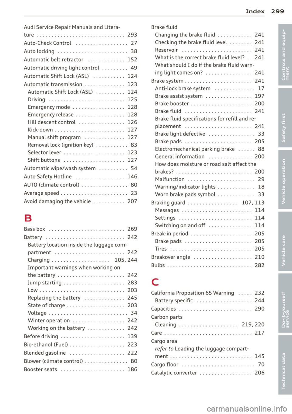 AUDI Q5 2014 Owners Manual -----------------------------~I~n~d~e~x 299
Audi Service Repair Manuals and Litera-
ture ...... .. ................. .. ... 293
Auto-Check Control ........ .. .. .. .. .. 27
Auto locking . AUDI Q5 2014 Owners Manual -----------------------------~I~n~d~e~x 299
Audi Service Repair Manuals and Litera-
ture ...... .. ................. .. ... 293
Auto-Check Control ........ .. .. .. .. .. 27
Auto locking .