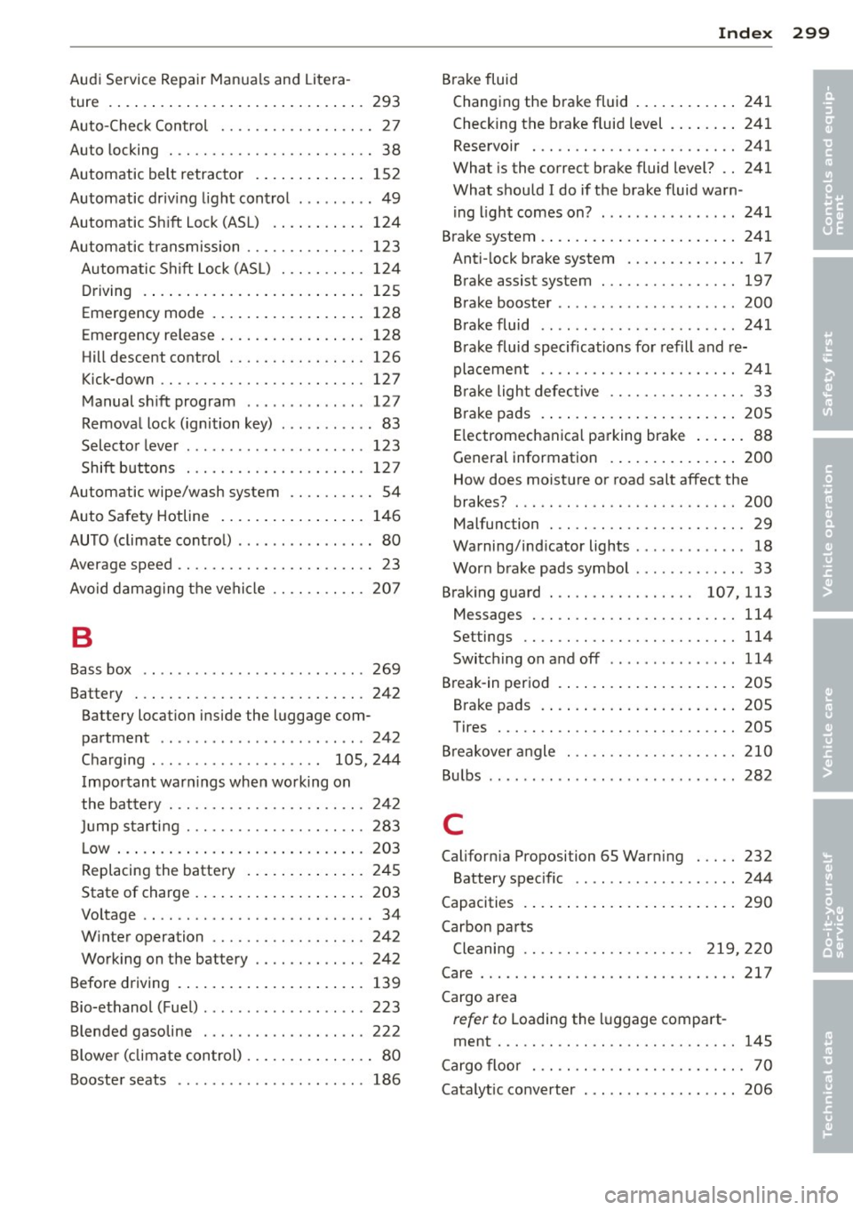 AUDI Q5 2014  Owners Manual -----------------------------~I~n~d~e~x 299 
Audi  Service Repair Manuals  and  Litera-
ture  ...... .. ................. .. ...  293 
Auto-Check Control  ........ .. .. .. .. ..  27 
Auto  locking  .