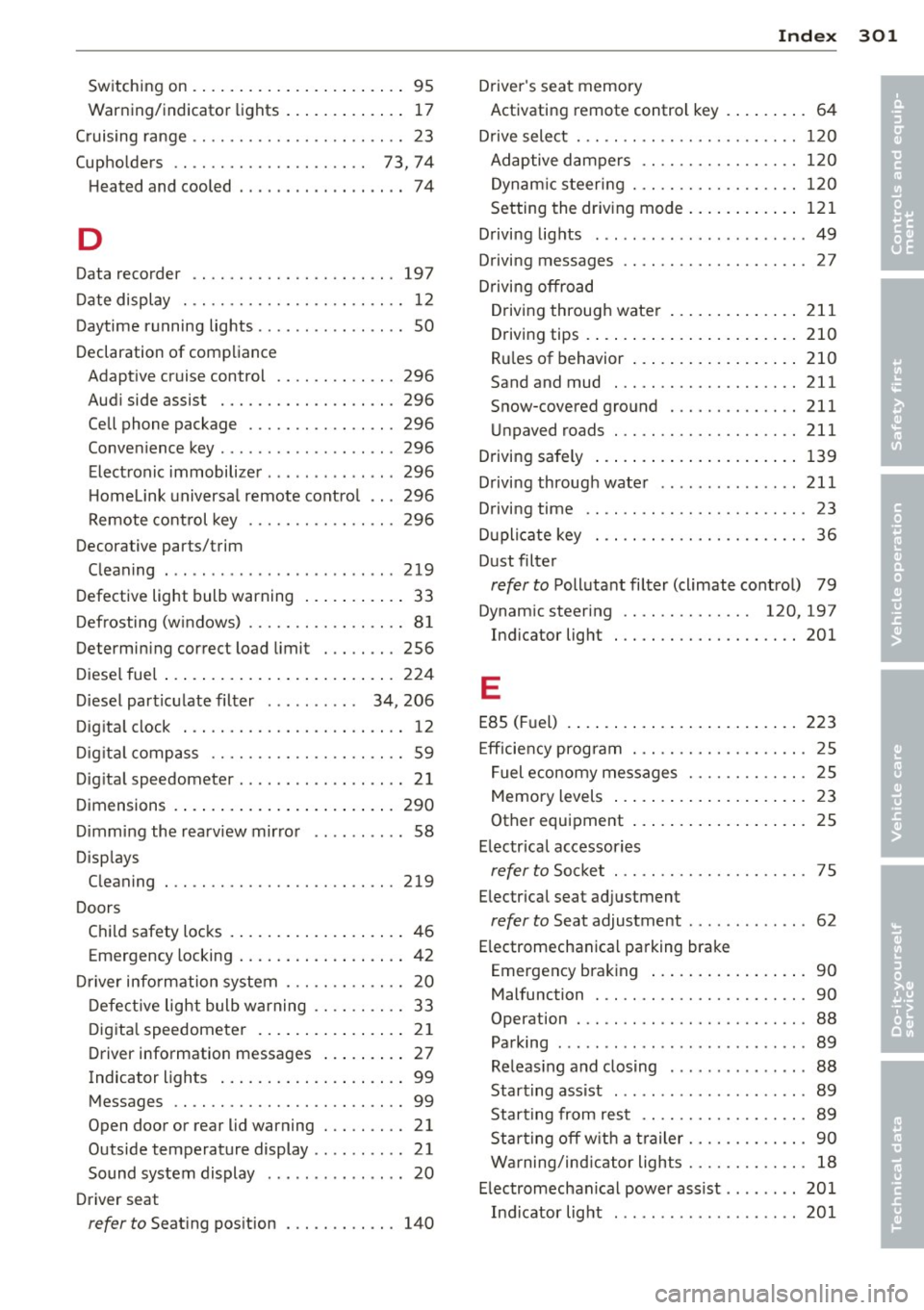 AUDI Q5 2014 Owners Manual ----------------------------~I~n ~d ~e ~x 301
Switching on . ..... .... ... .. .. .. .... 95
Warning/indicator lights ... .. .. .. .. .. 1 7
C ruising range . . . . . . . . . . . . . AUDI Q5 2014 Owners Manual ----------------------------~I~n ~d ~e ~x 301
Switching on . ..... .... ... .. .. .. .... 95
Warning/indicator lights ... .. .. .. .. .. 1 7
C ruising range . . . . . . . . . . . . .