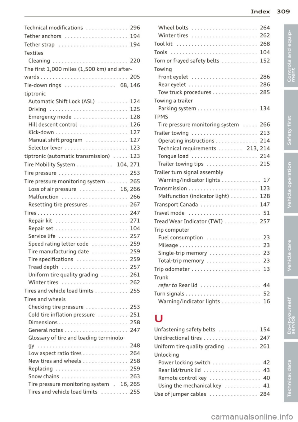 AUDI Q5 2014 Owners Manual Technical modifications ..... .. .. .. .. . 296
Tether anchors ............... ... ... 194
T ether strap . ............. .... .. .. . 194
Textiles Cleaning ... .... .. .... ... .. .. .. . AUDI Q5 2014 Owners Manual Technical modifications ..... .. .. .. .. . 296
Tether anchors ............... ... ... 194
T ether strap . ............. .... .. .. . 194
Textiles Cleaning ... .... .. .... ... .. .. .. .