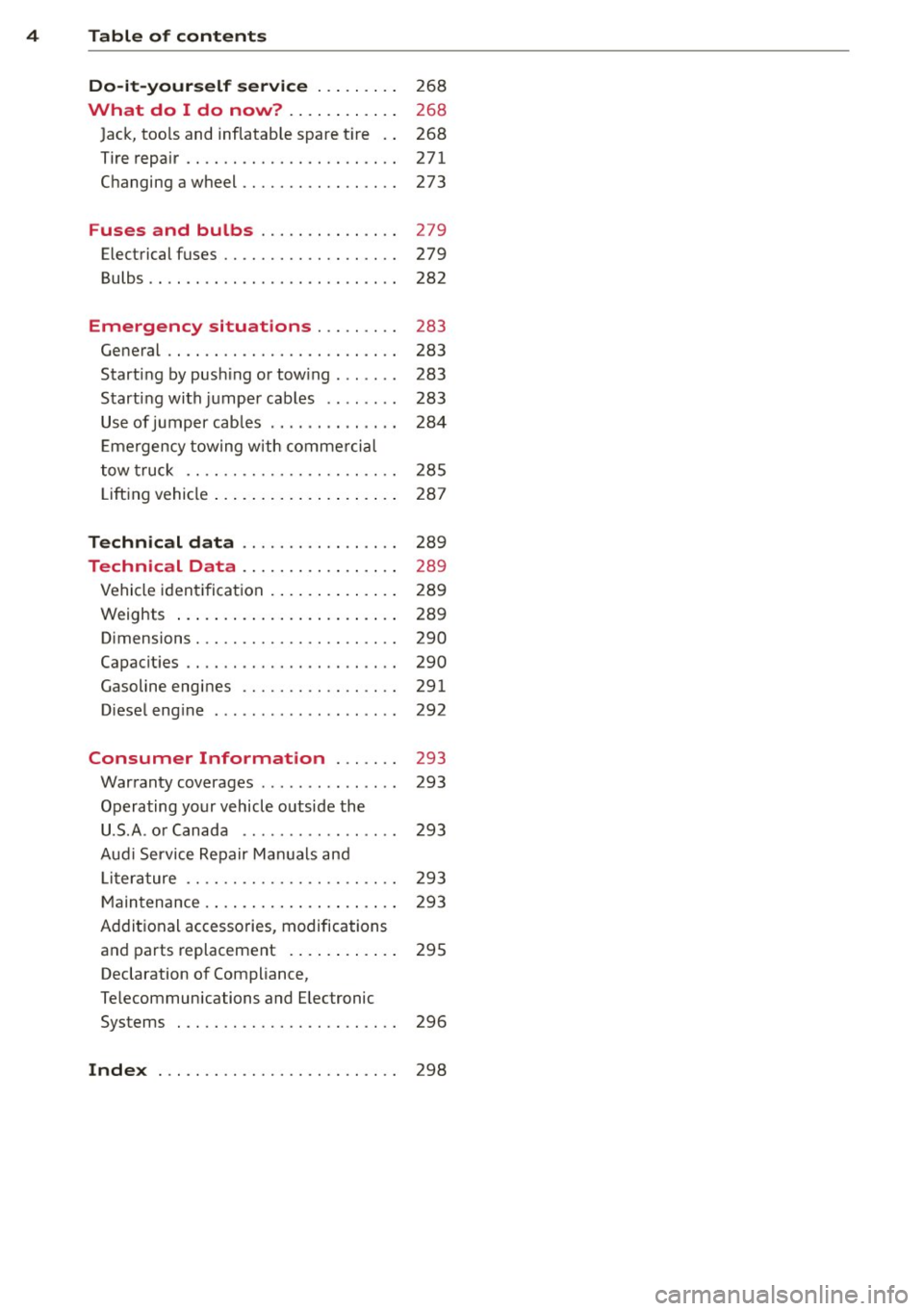 AUDI Q5 2014 Owners Manual 4 Table of contents
Do-it-yourself ser vice . . . . . . . . .
268
What do I do now? . . . . . . . . . . . . 268
Jack, too ls and inflatab le spare t ire . . 268
Tire repair..... AUDI Q5 2014 Owners Manual 4 Table of contents
Do-it-yourself ser vice . . . . . . . . .
268
What do I do now? . . . . . . . . . . . . 268
Jack, too ls and inflatab le spare t ire . . 268
Tire repair.....